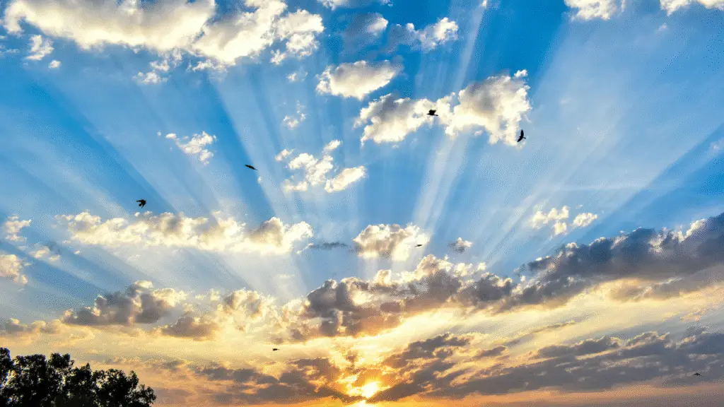 sunrise with blue skies and puffy clouds