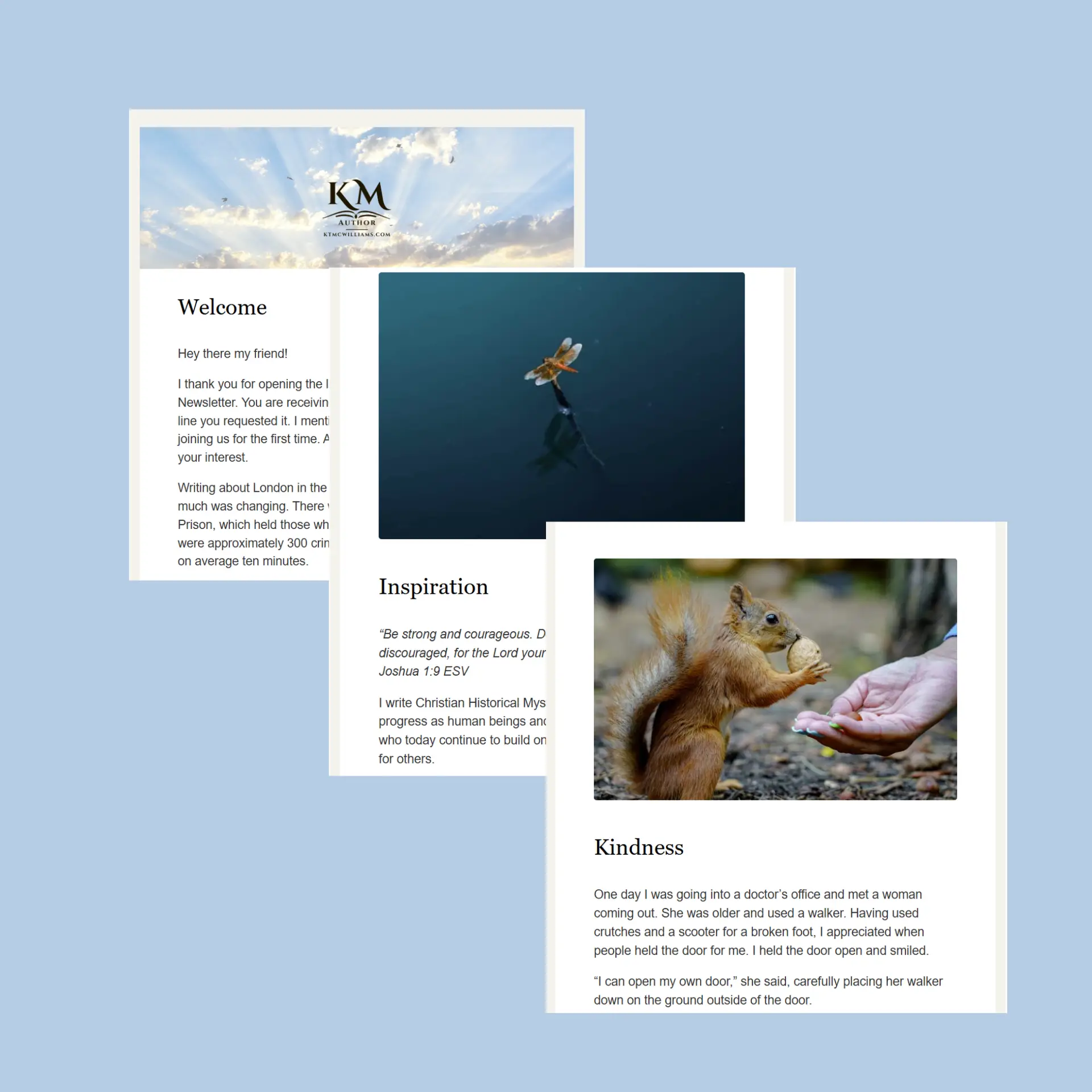 pictures of three different sections of KT McWilliams' newsletter