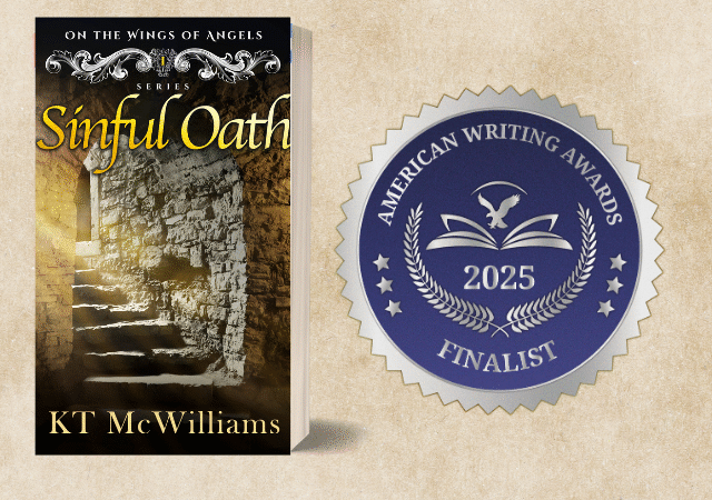 Book Sinful Oath a Christian Historical Mystery by KT McWilliams and the badge of the 2025 Finalist award from American Writing Awards