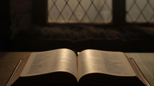 Open Bible on a wooden surface with gentle light from a window behind it, used as the featured image for a Proverbs 3:5–6 blog post.