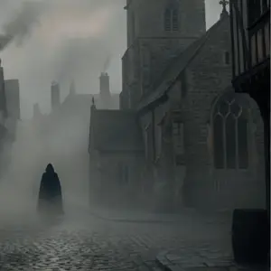 Picture of a dark figure in fog walking on cobblestones past a church for KT McWilliams Website