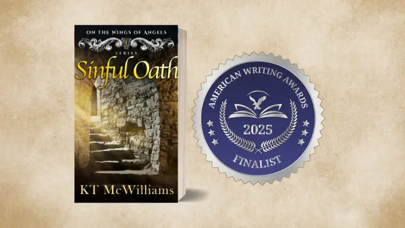 KT McWIlliams CHristian Historical Mystery Sinful Oath and American Writing Award Finalist badge for 2025