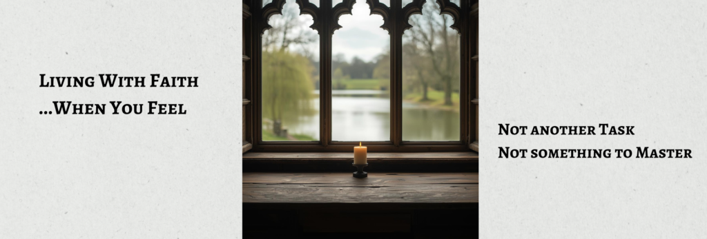 Old stone church window overlooking a calm lake and trees in soft natural light, representing quiet reflection and the Living with Faith devotional series.