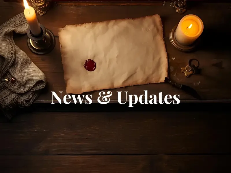 “Warm candlelit scene of parchment and wax seal on a wooden writing desk, banner image for the News & Updates section of KT McWilliams’s site.”